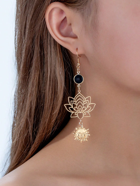 1 par de pendientes con colgante de flor de loto hueca bohemia, adecuado para uso diario de las mujeres