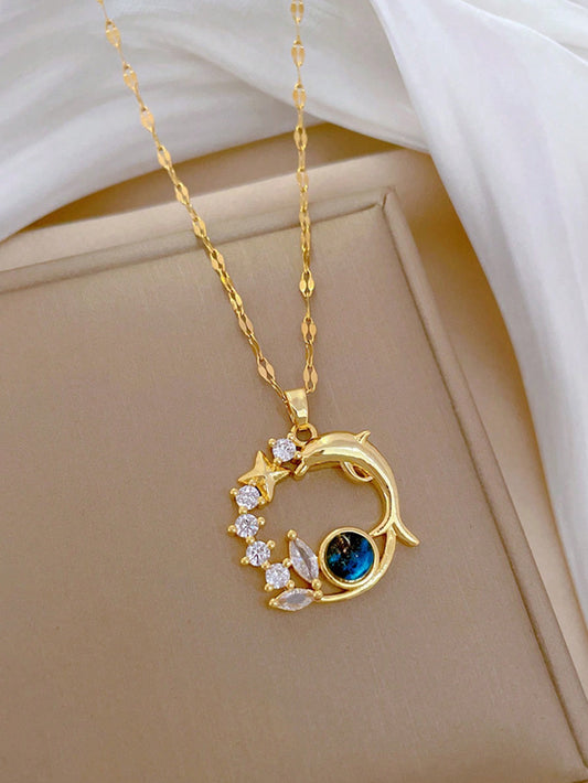 Hermoso collar colgante de acero inoxidable con cadena de suéter decorativa, accesorio de joyería de moda con colgante redondo de cobre incrustado con circonita y cielo estrellado y planeta, decoración elegante para fiesta.