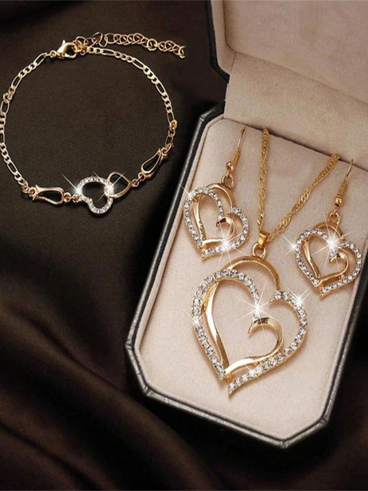 4 piezas/Set Set de joyería elegante con collar, aretes, pulsera con diseño de corazón doble, accesorios de novia de moda, regalo romántico para mujeres