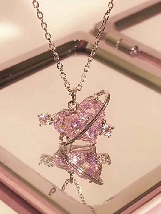 ROMWE Kawaii 1 pieza Collar simple Love con corazón rosado con diamante de imitación para mujeres , día festivo regalo de citas