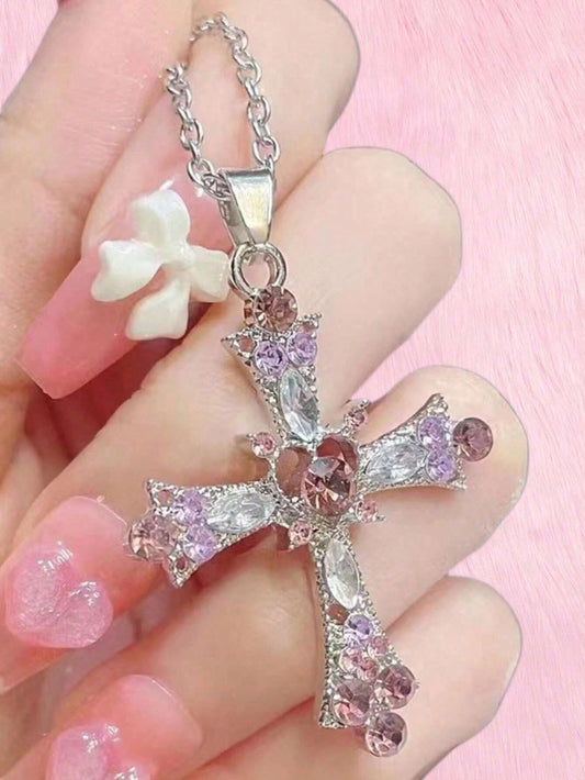 ROMWE Kawaii 1 pieza Collar atractivo aleación de zinc con diseño de diamante de imitación colgante Cruz para mujeres para regalo de citas