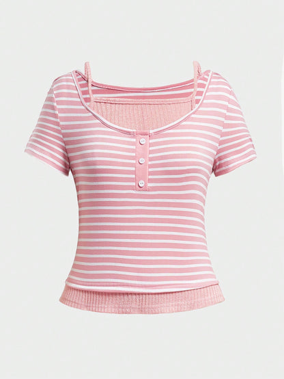 ROMWE Kawaii Camiseta a rayas 2 en 1 para mujer, escolar