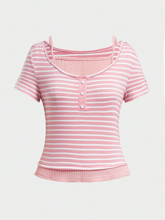 ROMWE Kawaii Camiseta a rayas 2 en 1 para mujer, escolar
