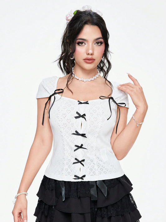 ROMWE Kawaii Camiseta ajustada de mujer con detalles encantadores de encaje, bloques de color y decoración de lazo