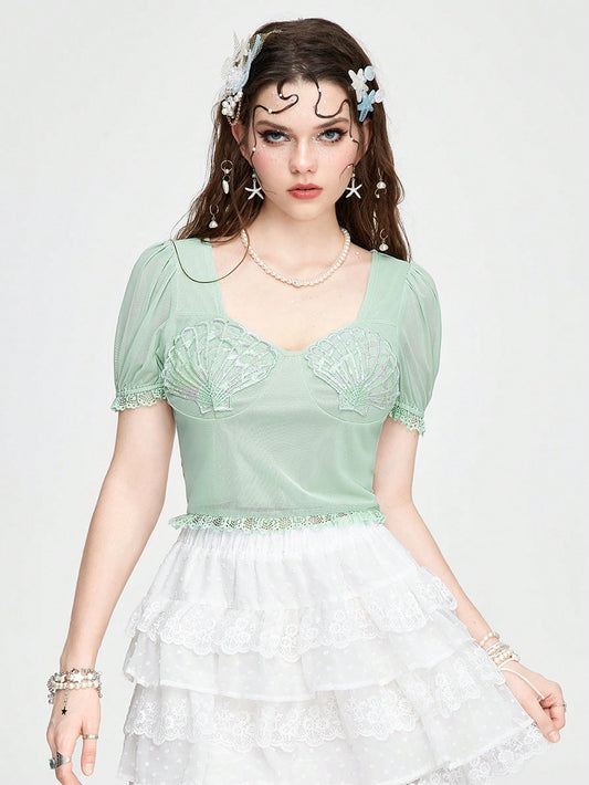 ROMWE Fairycore Blusa para mujer con cuello cuadrado, manga acampanada con vuelo y bordado de conchas y abalorios