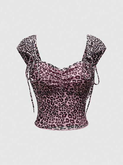 ROMWE J-Fashion Top de tirantes con estampado de leopardo sexy para mujer, cuello corazón con escote pronunciado, cordones con lazo, malla elástica apretada, adecuado para mujeres maduras, atractivas y versátiles, escuela