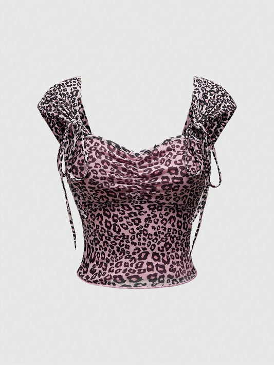 ROMWE J-Fashion Top de tirantes con estampado de leopardo sexy para mujer, cuello corazón con escote pronunciado, cordones con lazo, malla elástica apretada, adecuado para mujeres maduras, atractivas y versátiles, escuela