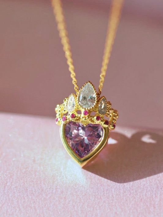 1 pieza Collar de moda para mujer con corona hueca y de diamantes incrustados, elegante y simple collar de cadena de clavícula con colgante de corazón, ideal como regalo para festivales