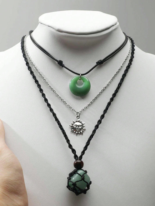 Set de joyería de 3 piezas para mujeres bohemias Y2K compuesto por collar red ajustable de piedra con hebilla tipo paz en estilo gótico antiguo confeccionado con Liuli y verde oscuro / verde claro como jade