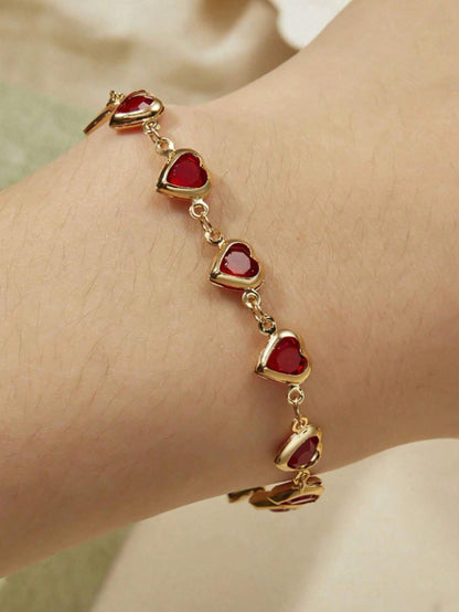 1 Pieza Pulsera De Moda Decorada Con Corazón De Rhinestone Rojo