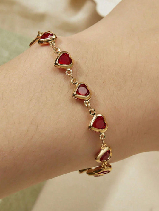 1 Pieza Pulsera De Moda Decorada Con Corazón De Rhinestone Rojo