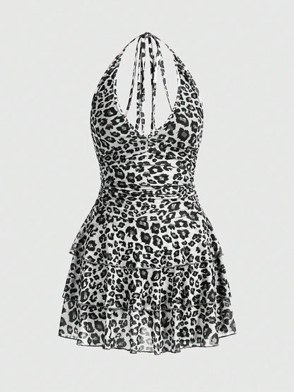 ROMWE J-Fashion Vestido corto y sexy con estampado de leopardo blanco y negro, estilo halter, para la escuela