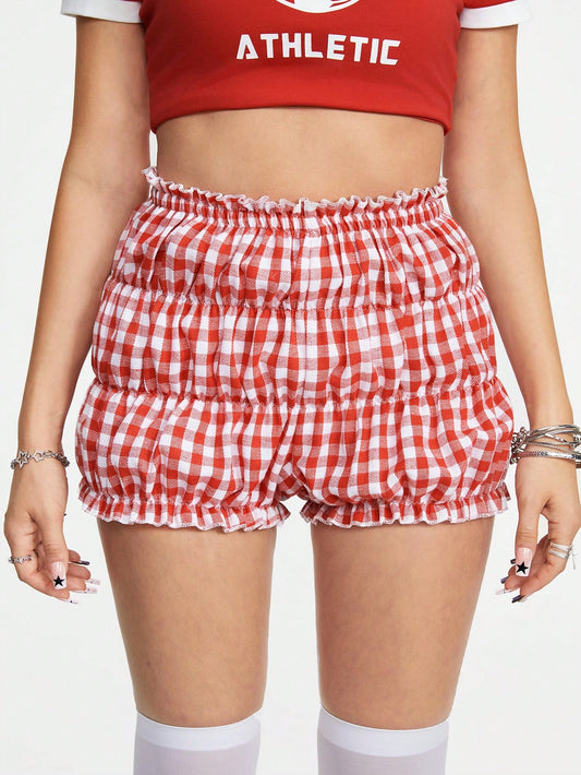 ROMWE Kawaii Pantalones cortos con cintura de lazo de cuadros vichy dulces para mujer, verano, escuela