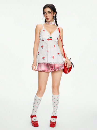ROMWE Kawaii Top de encaje con bordado de cerezas dulces y encantadoras