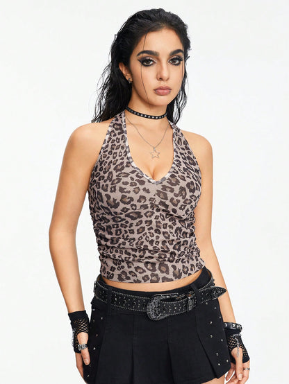 ROMWE Grunge Punk Top atractivo de leopardo con cuello halter y decoración de lazo para mujeres, longitud corta