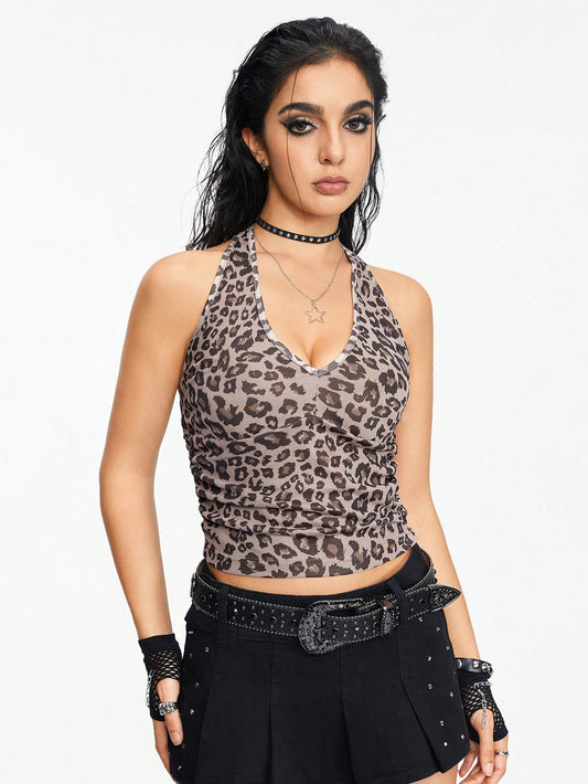 ROMWE Grunge Punk Top atractivo de leopardo con cuello halter y decoración de lazo para mujeres, longitud corta