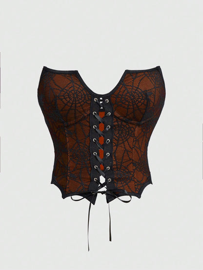 ROMWE Goth Top corto con diseño de cuello tipo collarín de encaje con estampado de telaraña, murciélagos y calabaza gótica para damas