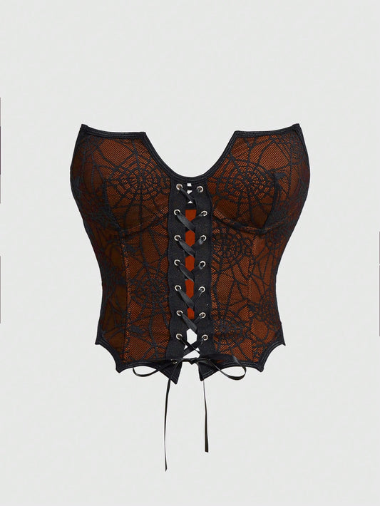 ROMWE Goth Top corto con diseño de cuello tipo collarín de encaje con estampado de telaraña, murciélagos y calabaza gótica para damas