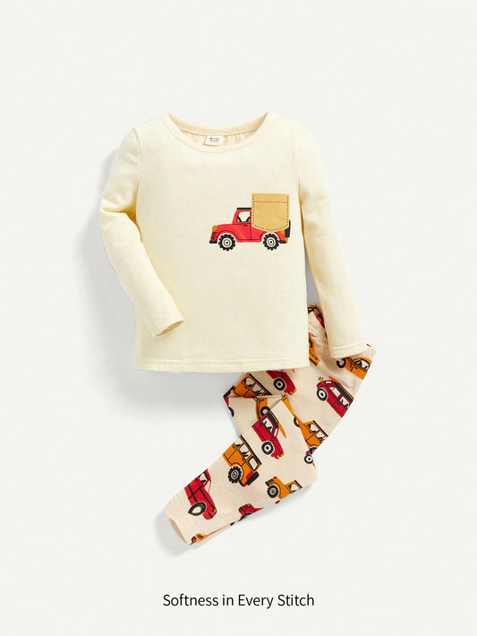 Conjunto cómodo de pijama ajustado para bebé niño - Parte superior de manga larga y cuello redondo con estampado de coches animados y pantalones largos, 2 piezas / set, ropa de hogar altamente elástica y cómoda