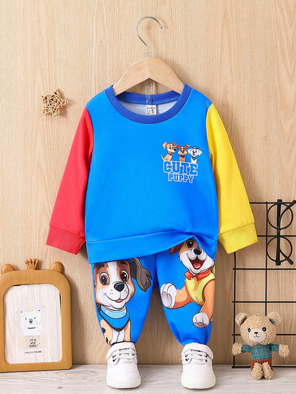 SHEIN Persoplay Kids Bebé niño Sudadera con estampado de dibujos animados y pantalones deportivos con mangas en contraste