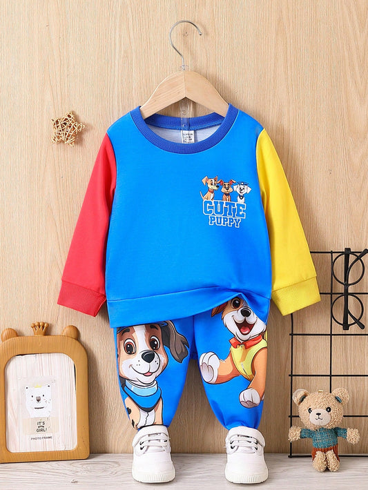 SHEIN Persoplay Kids Bebé niño Sudadera con estampado de dibujos animados y pantalones deportivos con mangas en contraste