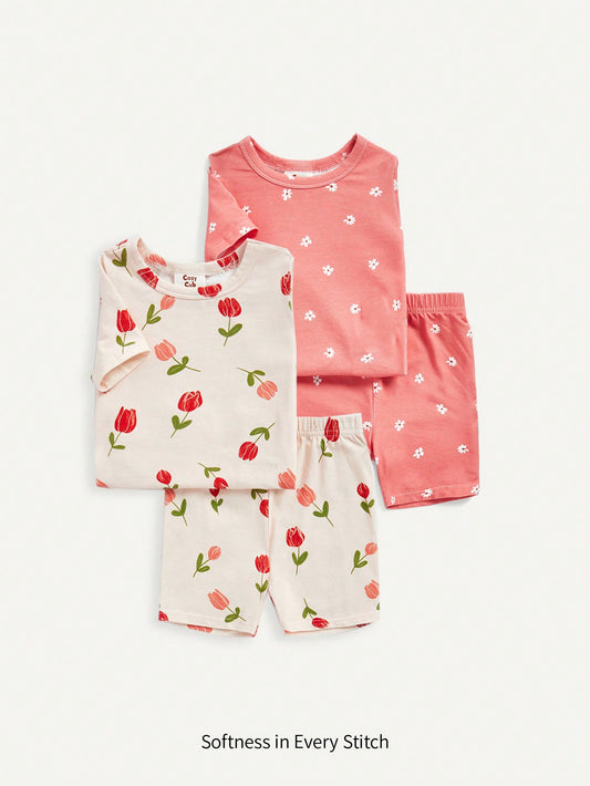 Cozy Pixies Conjunto de pijama ajustado para bebé niña, parte superior de manga corta con cuello redondo con diseño floral y shorts, 4 piezas