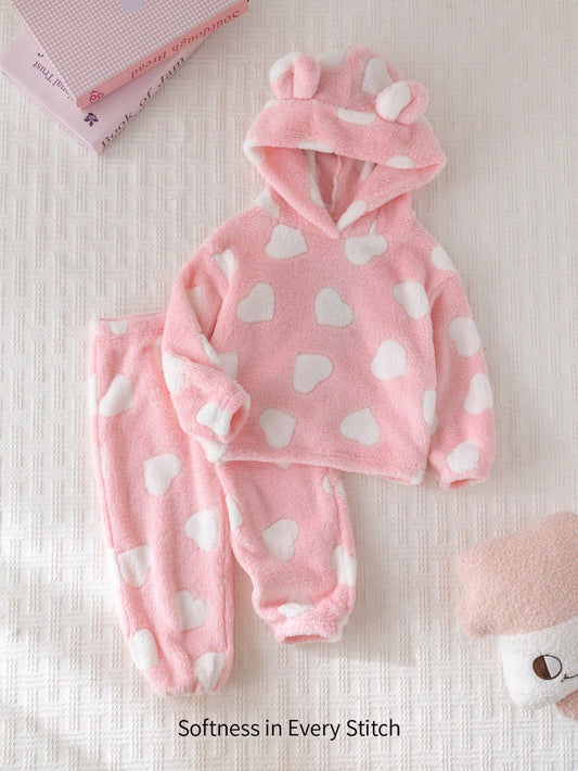 Cozy Pixies Set de 2 piezas de sudadera con capucha y pantalones forrados de peluche para bebé niña, ropa de invierno con orejas 3D