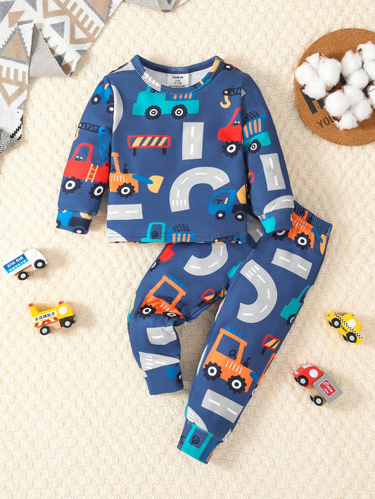 Set de 2 piezas de camisa de manga larga con estampado de carro y leggings casuales para bebé/niño pequeño