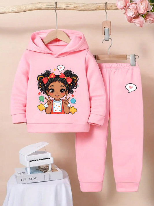 Set de 2 piezas con capucha y pantalones estampado de niñas con ojos grandes, estilo casual para bebé niña