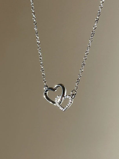 1 Pieza Collar De Colgante De Corazón De Doble Anillo Con Un Diseño Tierno Y Dulce Y Circonias Cúbicas