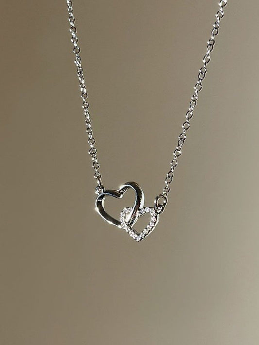 1 Pieza Collar De Colgante De Corazón De Doble Anillo Con Un Diseño Tierno Y Dulce Y Circonias Cúbicas