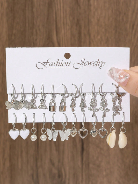 12 Pares De Aretes Con Colgante De Mariposa Y Corazón
