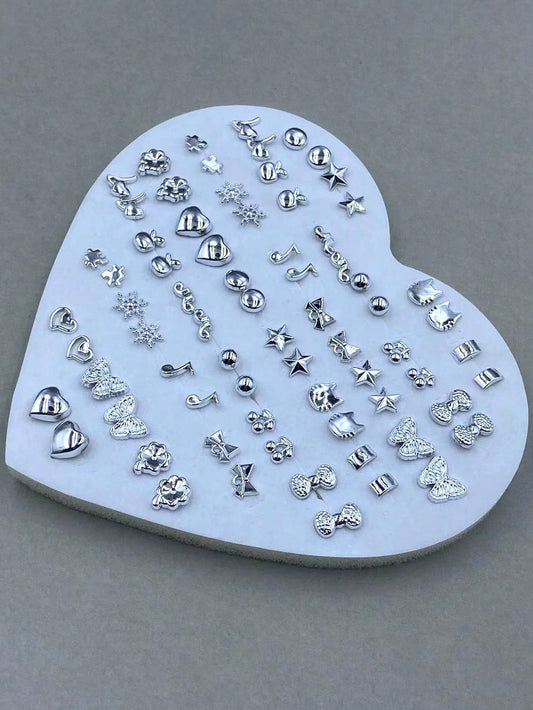 36 pares Juego surtido de aretes de botón hipoalergénicos de plástico con diseños de corazón, estrella, mariposa, corona y nota musical para mujeres