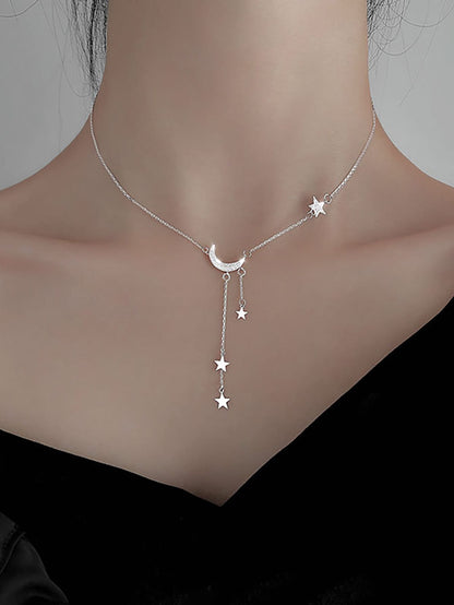 1 pieza exquisito brillante plata color con fleco con estrella luna Collar para mujeres clavícula con cadena Mujer Bisutería regalo de cumpleaños Accesorios