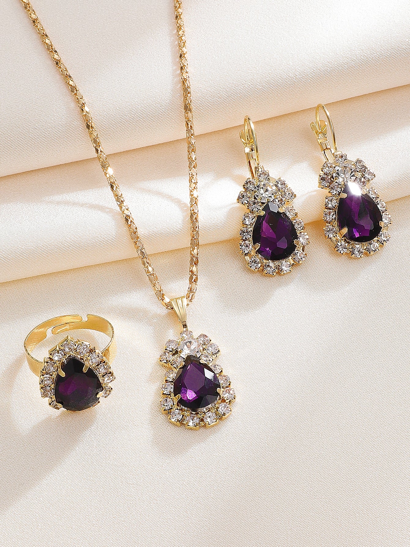 4 piezas/set collar con diseño de gota de agua, pendientes, anillo y pulsera, conjunto de joyería para mujer, fiesta, boda, novia, regalo