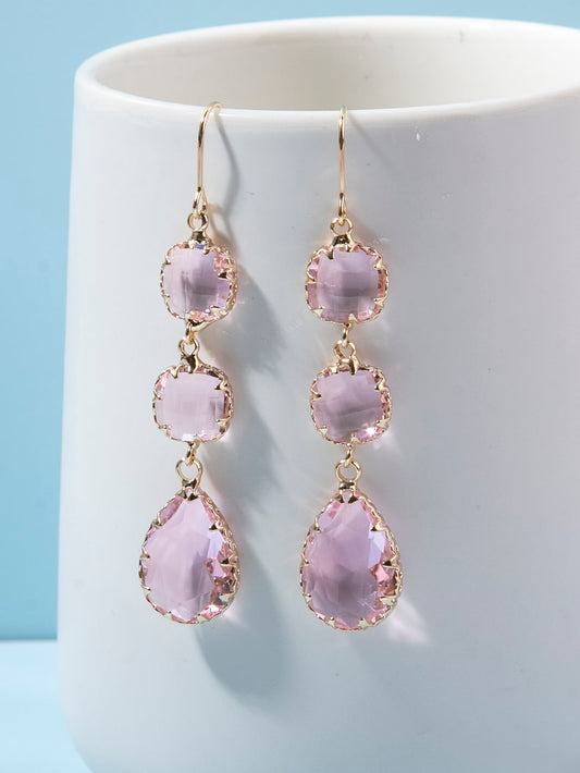 1 par de pendientes de mujer de cristal transparente con bisel metálico, ganchos para las orejas brillantes y lujosos, adecuados para uso diario, fiesta, noche, regalo