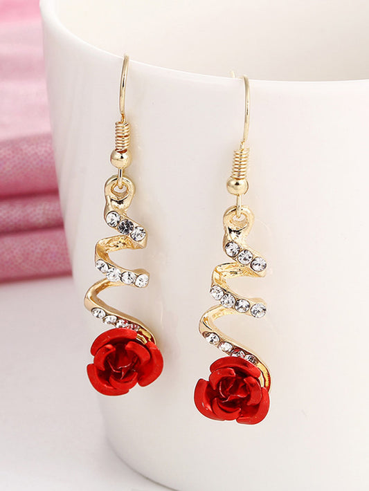 1 par de aretes colgantes con flor de rosa roja elegante, accesorios versátiles para fiesta