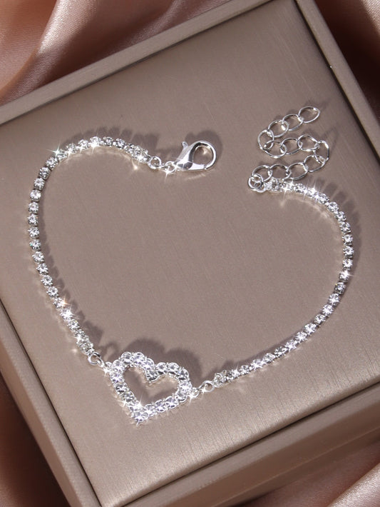 Pulsera temática del Día de San Valentín Corazón hueco lleno de diamantes de imitación brillantes Pulsera de cadena ajustable para su ser querido