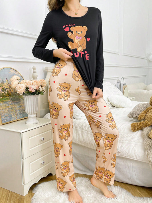 Conjunto de pijama de mujer con top de manga larga y pantalones con estampado de oso de dibujos animados, corazón y letras