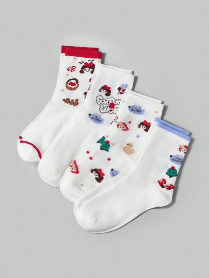 ROMWE Kawaii 4 pares de calcetines de moda con estampado de princesa blanca para mujeres, para todas las estaciones