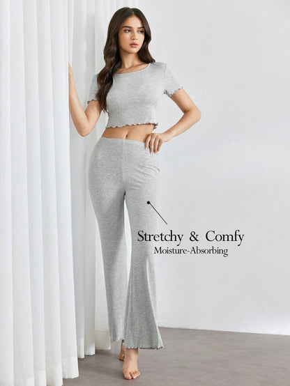 SHEIN Leisure Conjunto de pantalón negro y ropa de estar en casa con cintura acanalada y bajo ondulado cómodo