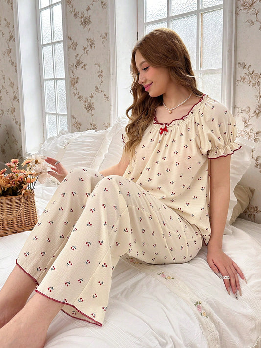 Conjunto de pijama de manga abullonada y estampado de cerezas para mujer con bloques de color