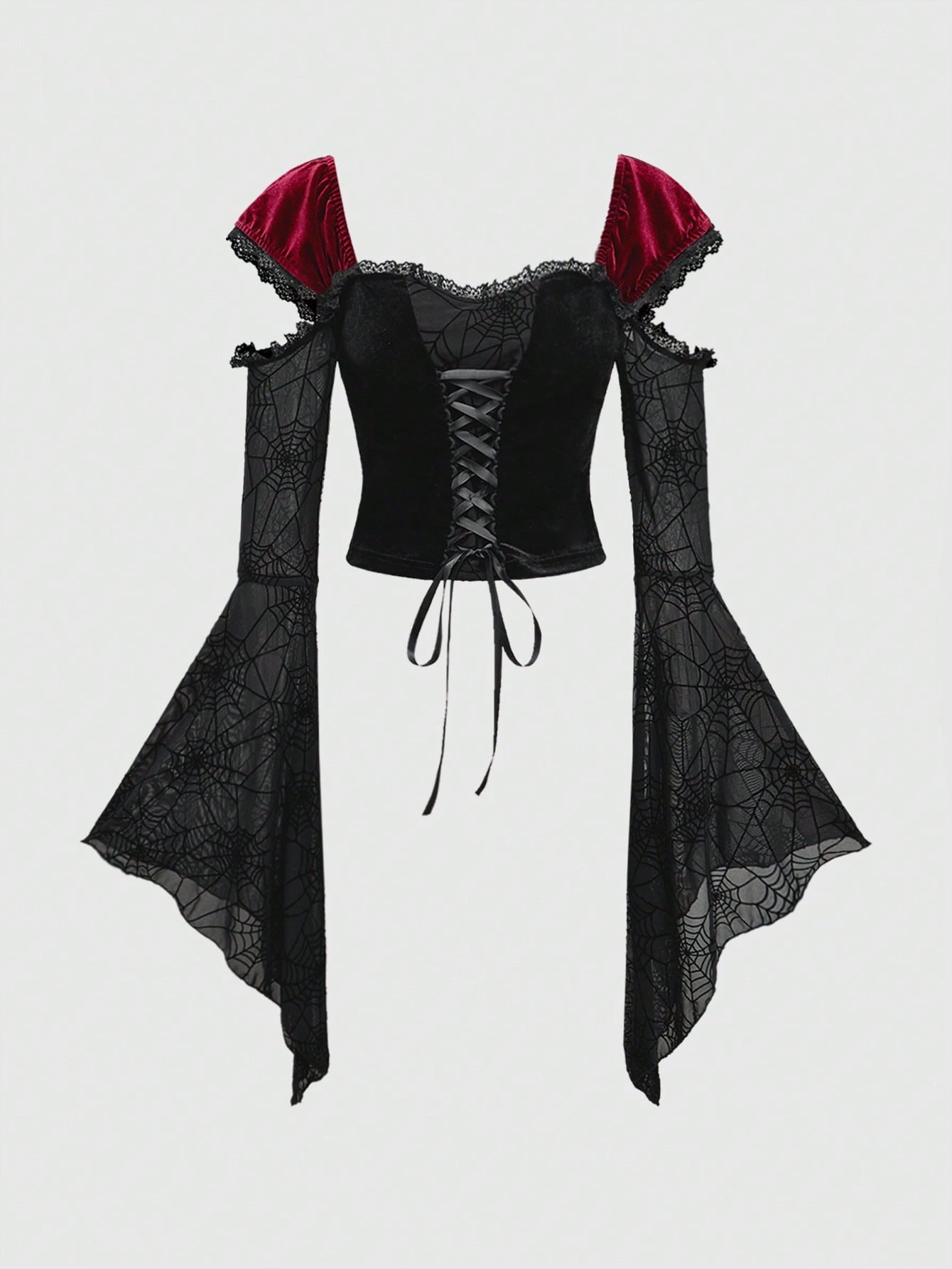 ROMWE Goth Blusa de estilo gótico para mujer con mangas abullonadas, parches de terciopelo y diseño de telaraña