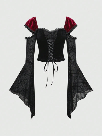 ROMWE Goth Blusa de estilo gótico para mujer con mangas abullonadas, parches de terciopelo y diseño de telaraña