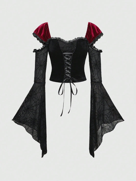 ROMWE Goth Blusa de estilo gótico para mujer con mangas abullonadas, parches de terciopelo y diseño de telaraña