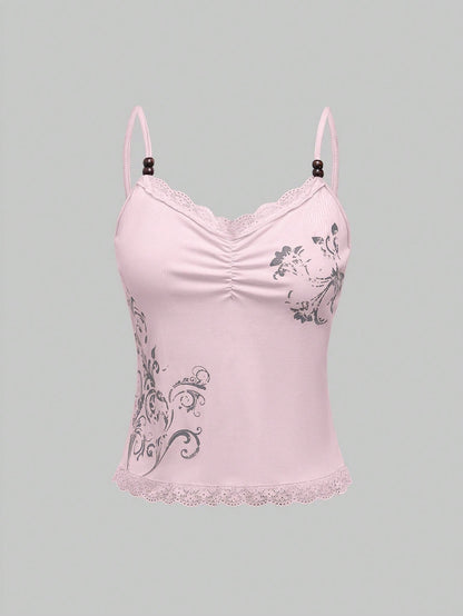 ROMWE Fairycore Camiseta sin tirantes casual y sencilla con estampado floral para mujer