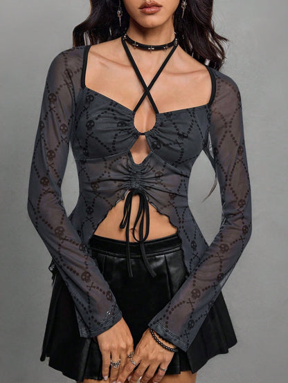 Studio Schimm Blusa de mujer con impresión de calavera oscura, de color negro, ropa de mujer para otoño e invierno