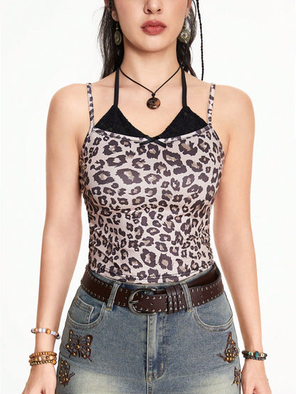 ROMWE Kawaii Top halter de encaje con 2 en 1 y lazo con estampado de leopardo para mujer