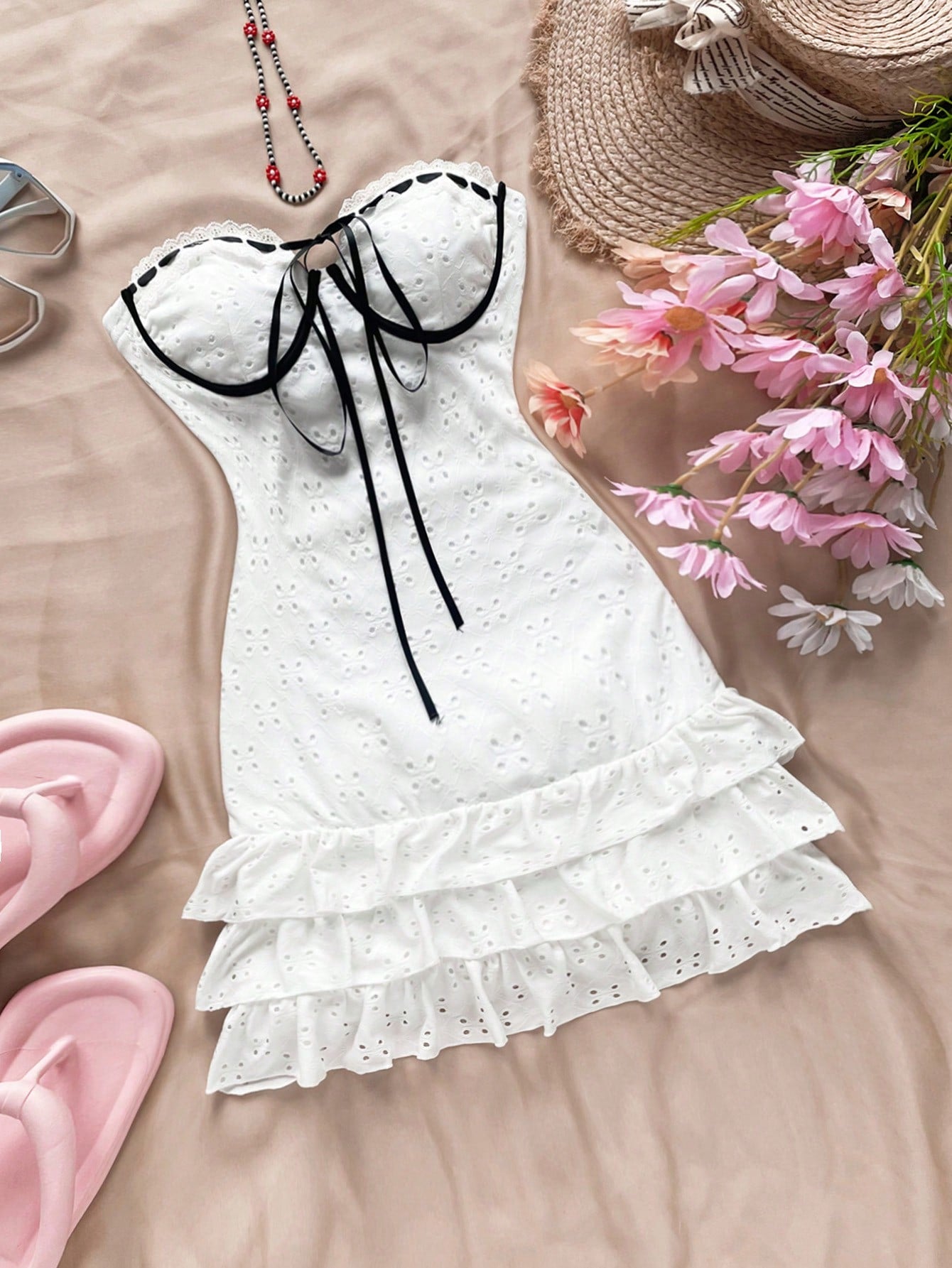 SHEIN WYWH Vestido de vacaciones bandeau con textura y colores de contraste para mujer