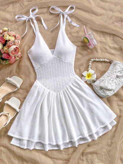 SHEIN WYWH Vestido de suéter de dama con escote en V, lazo de satén, espalda descubierta, dobladillo de doble capa, color blanco, estilo romántico y casual de hada de playa
